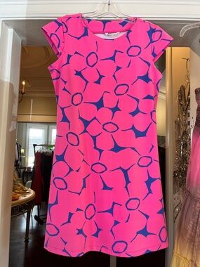 MAHI GOLD Hot Pink Dress with Blue Floral Motif size small length 33” bust 36”